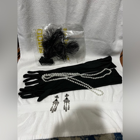 NWT Set Women’s flapper dress XL w gloves, faux Pearls, head piece, and earrings - Picture 4 of 8